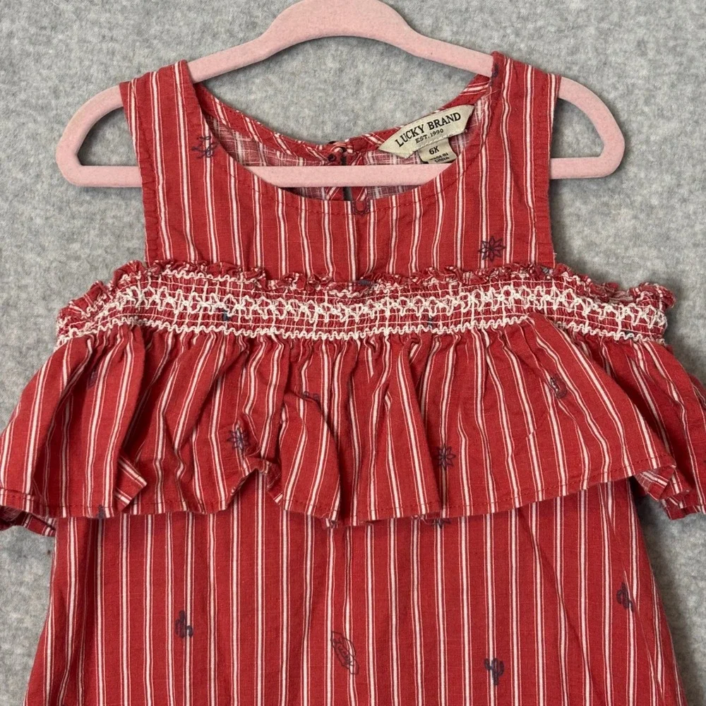 Lucky Brand Girls 6X Ruffle Dress Red White Striped Western Smocked Sundress‎
